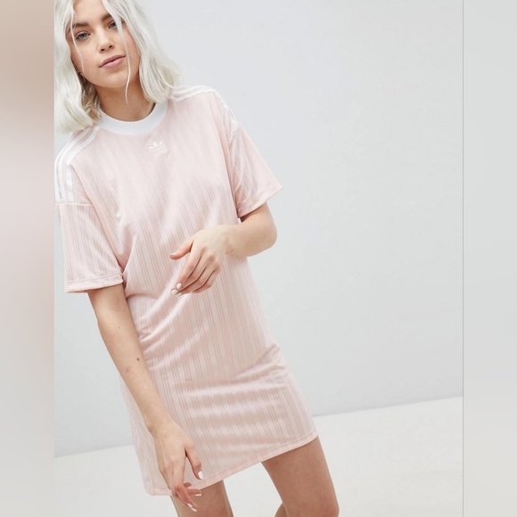 Adidas Originals Trefoil Pink White Striped Tshirt Dress Women's Size Large L - Picture 5 of 15